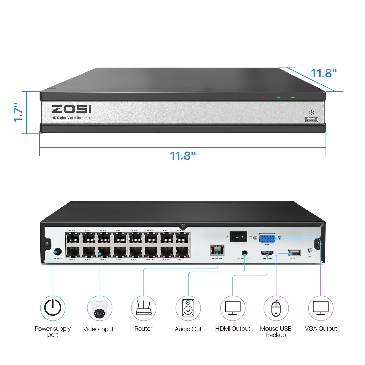 C182/C225 5MP 8-Cam Security System + 4K 16CH PoE NVR + 4TB Hard Drive Zosi