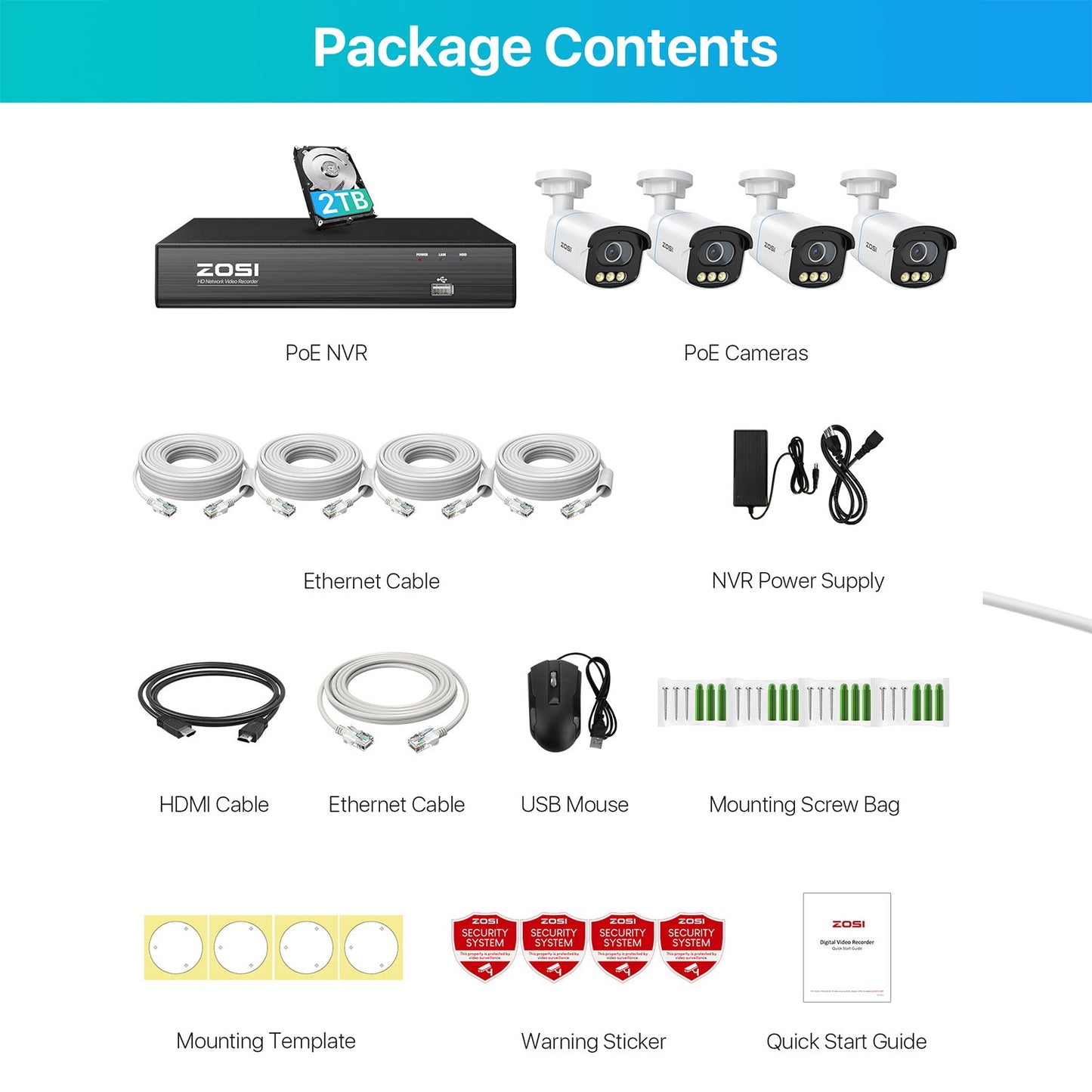 C225/C186 5MP Full-Color Security Camera System + 4K 8CH PoE NVR + 2TB Hard Drive Zosi