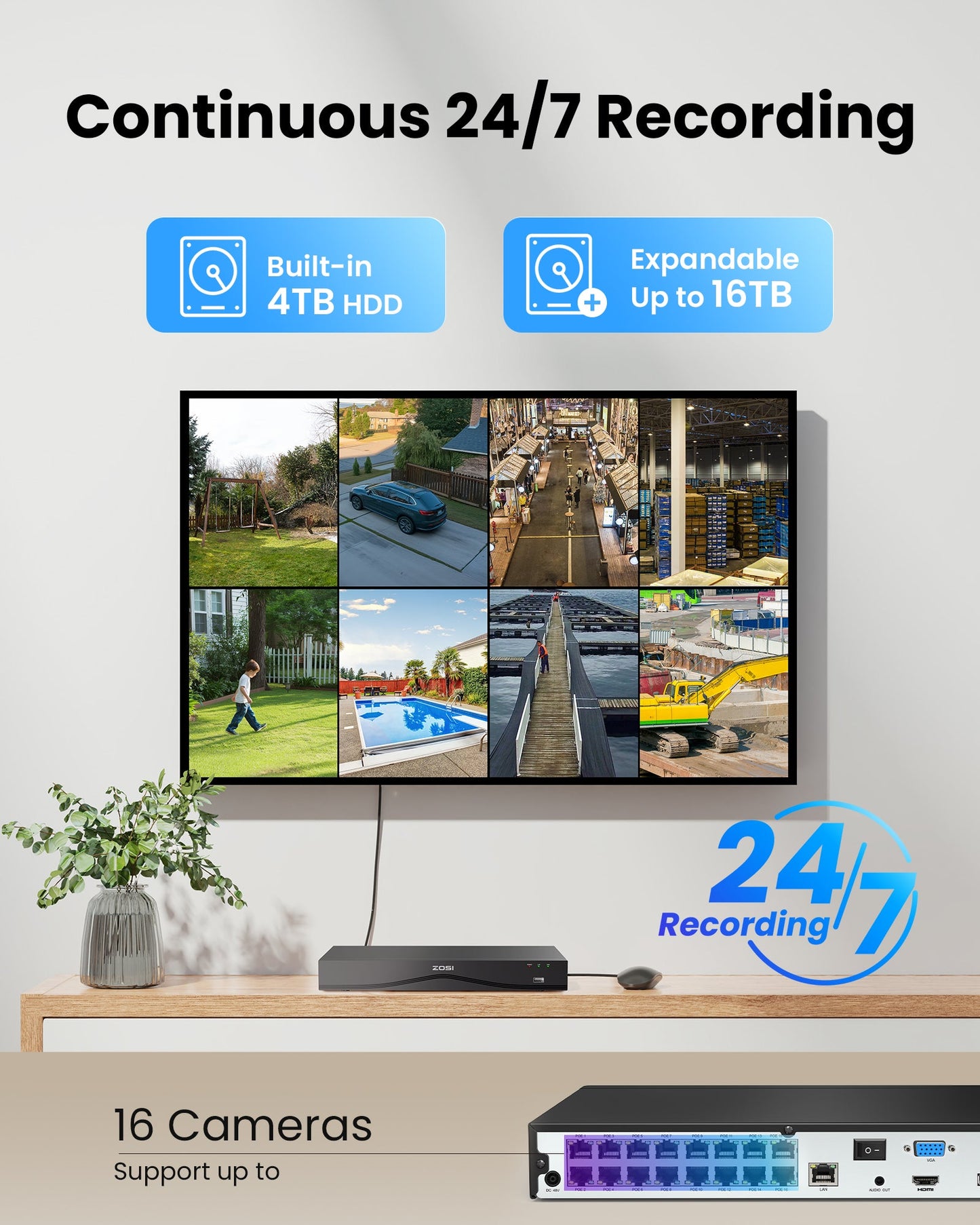 C225/C298 4K Dual Lens Security Camera System(32CH Expandable) + 4TB Hard Drive Zosi