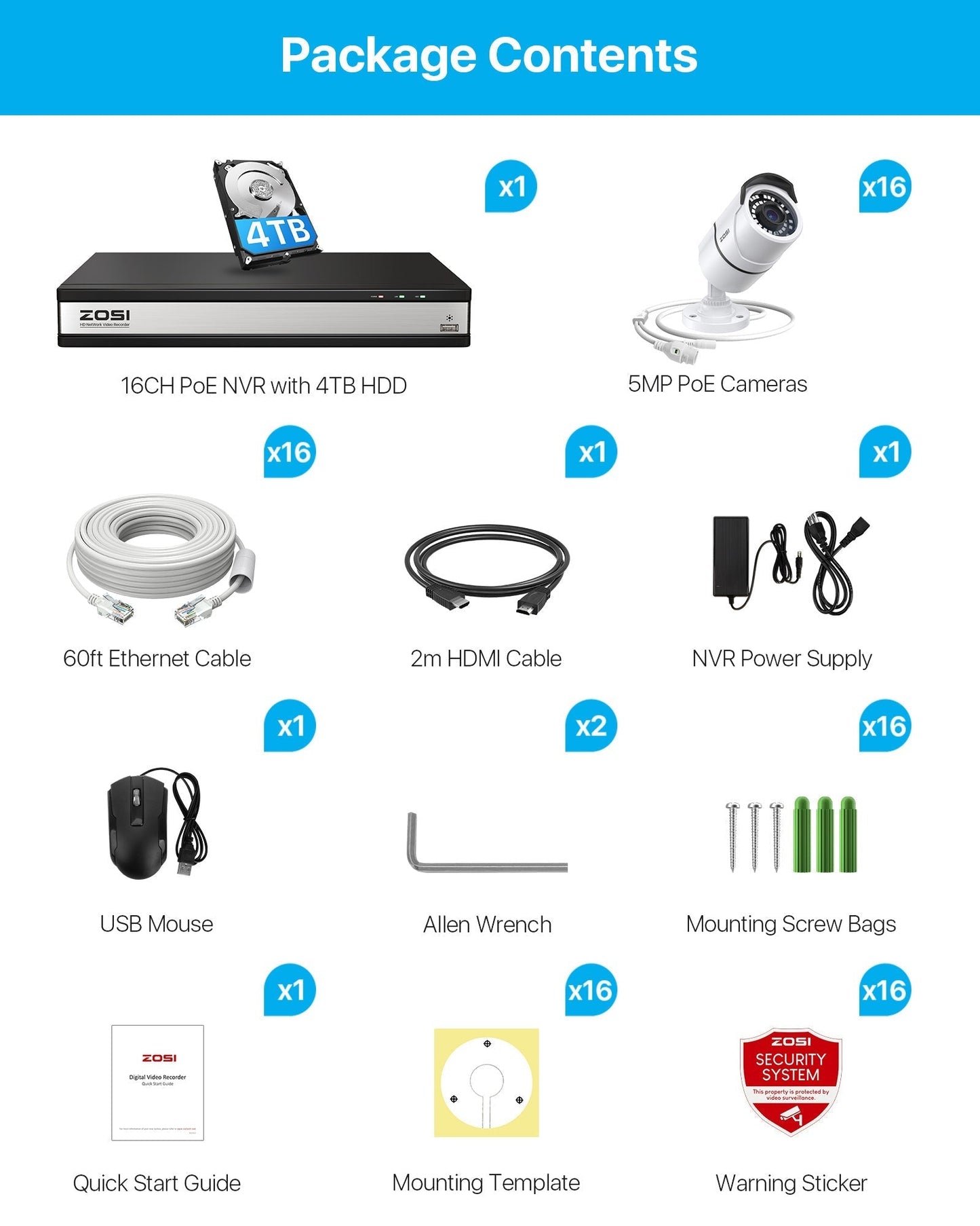 C261 5MP Security Camera System + 4K 16CH PoE NVR + Up to 16 Cameras+ 4TB HDD Zosi