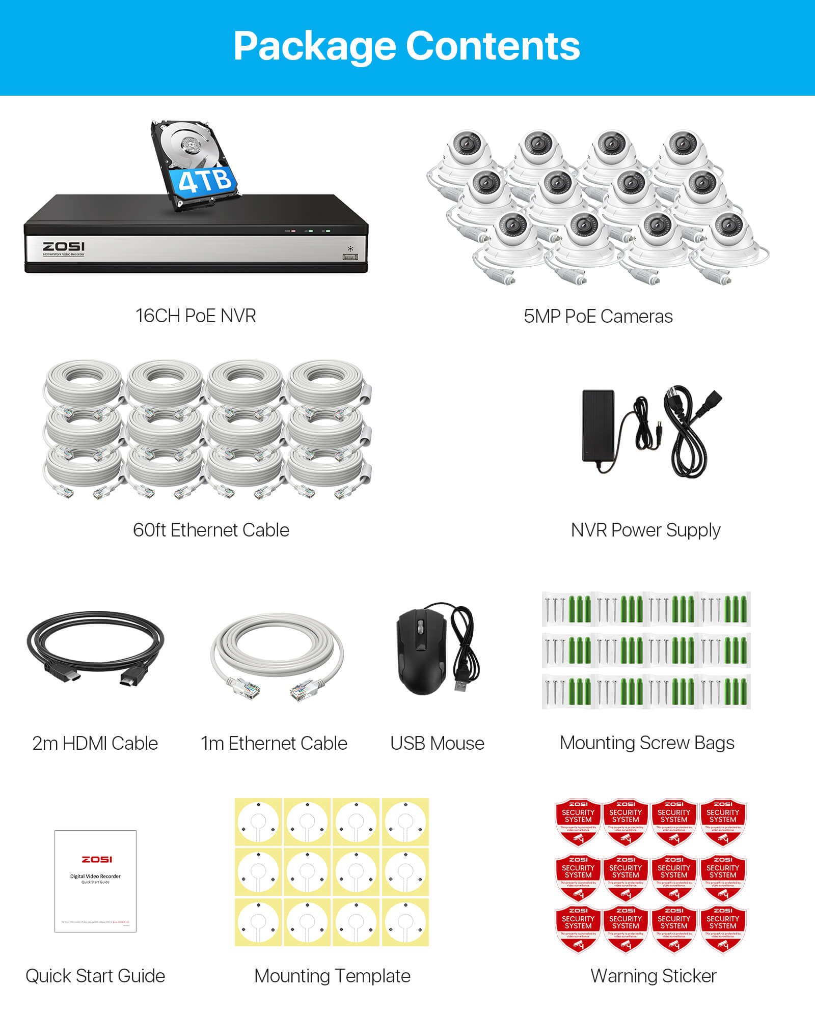 C429 5MP PoE Security System + 4K 16 Channel PoE NVR + 4TB Hard Drive Zosi