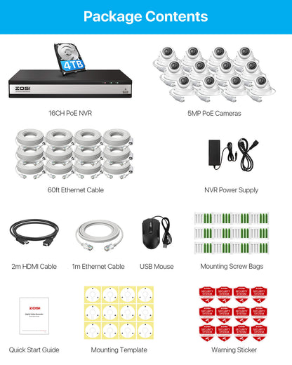 C429 5MP PoE Security System + 4K 16 Channel PoE NVR + 4TB Hard Drive Zosi