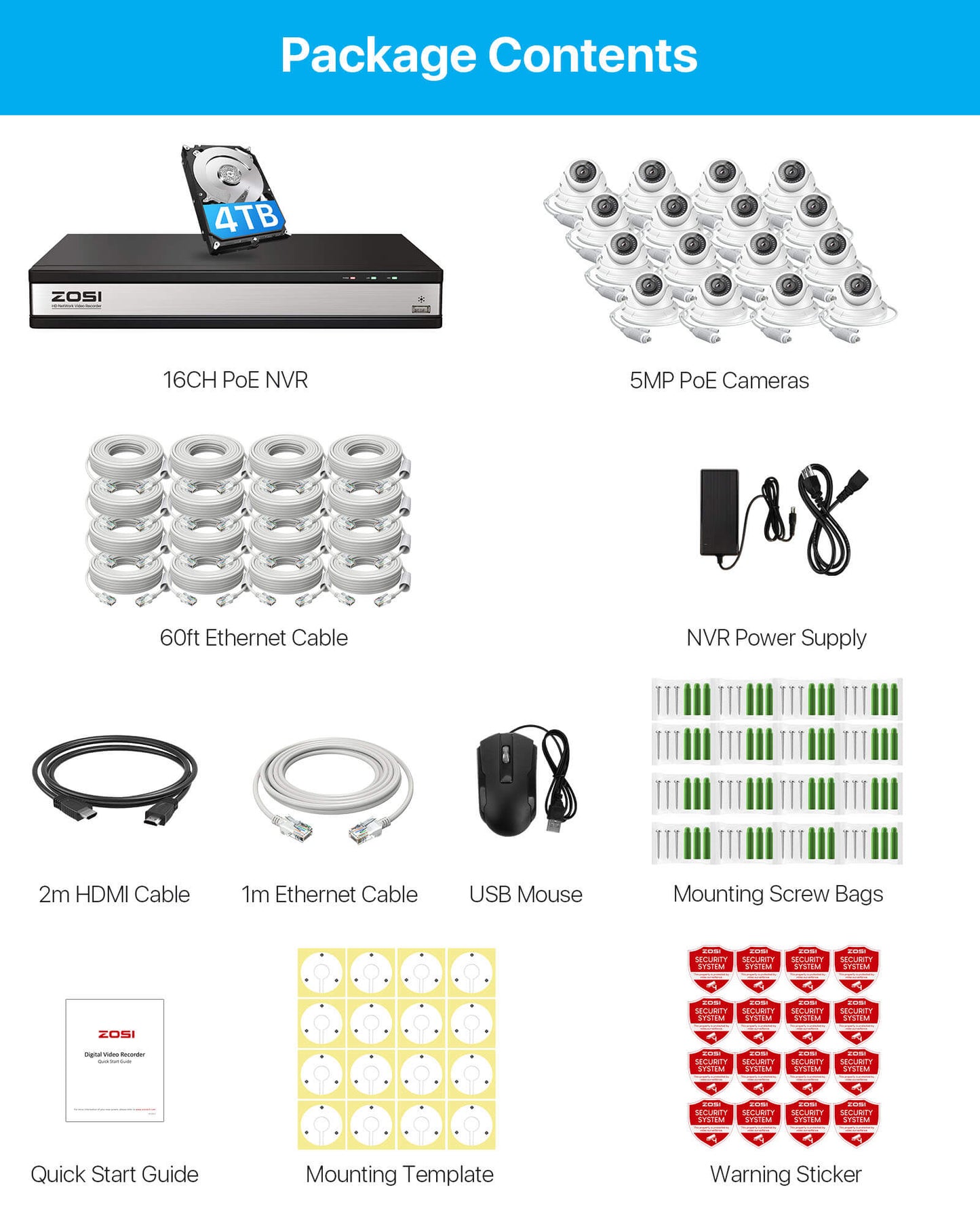 C429 5MP PoE Security System + 4K 16 Channel PoE NVR + 4TB Hard Drive Zosi