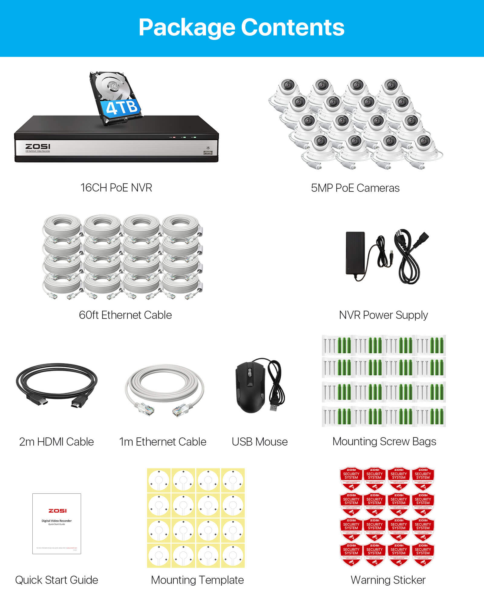 C429 5MP PoE Security System + 4K 16 Channel PoE NVR + 4TB Hard Drive Zosi