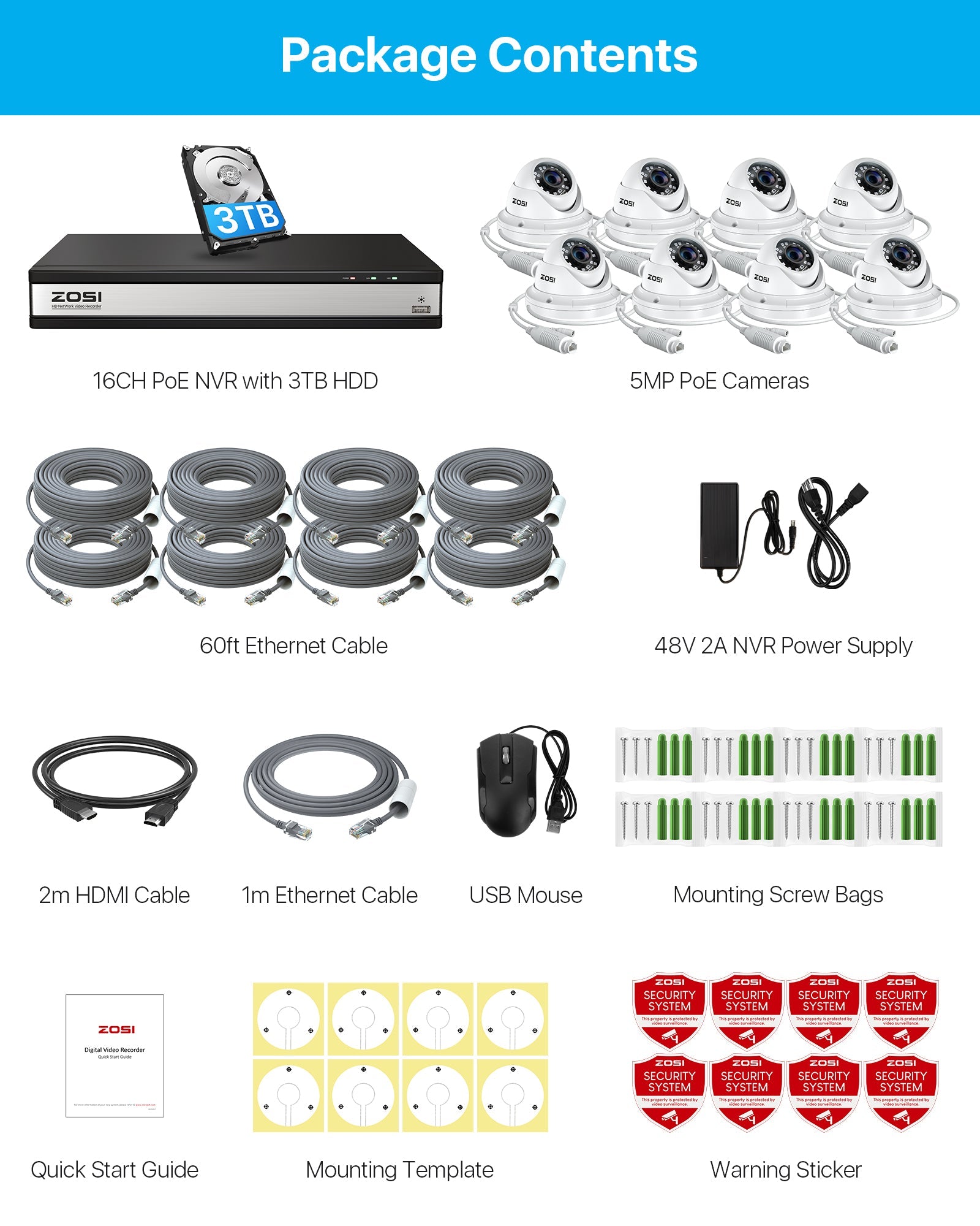 C429 5MP PoE Security System + 4K 16 Channel PoE NVR + 4TB Hard Drive Zosi