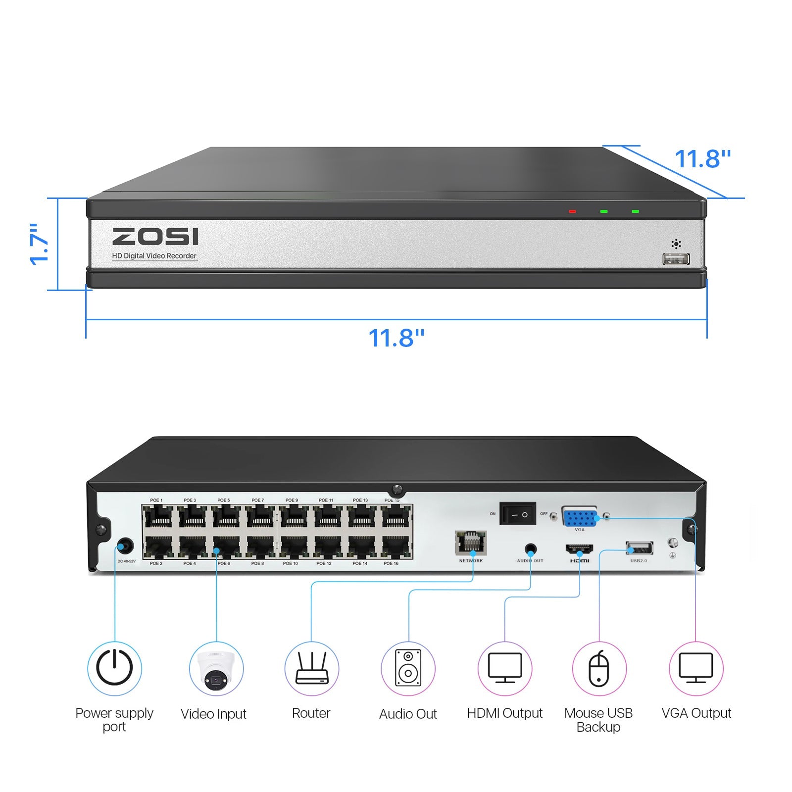 C182/C225 5MP 8-Cam Security System + 4K 16CH PoE NVR + 4TB Hard Drive Zosi