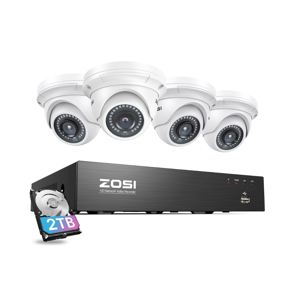 C429 5MP PoE Security System + 4K 8 Channel PoE NVR + 2TB Hard Drive Zosi