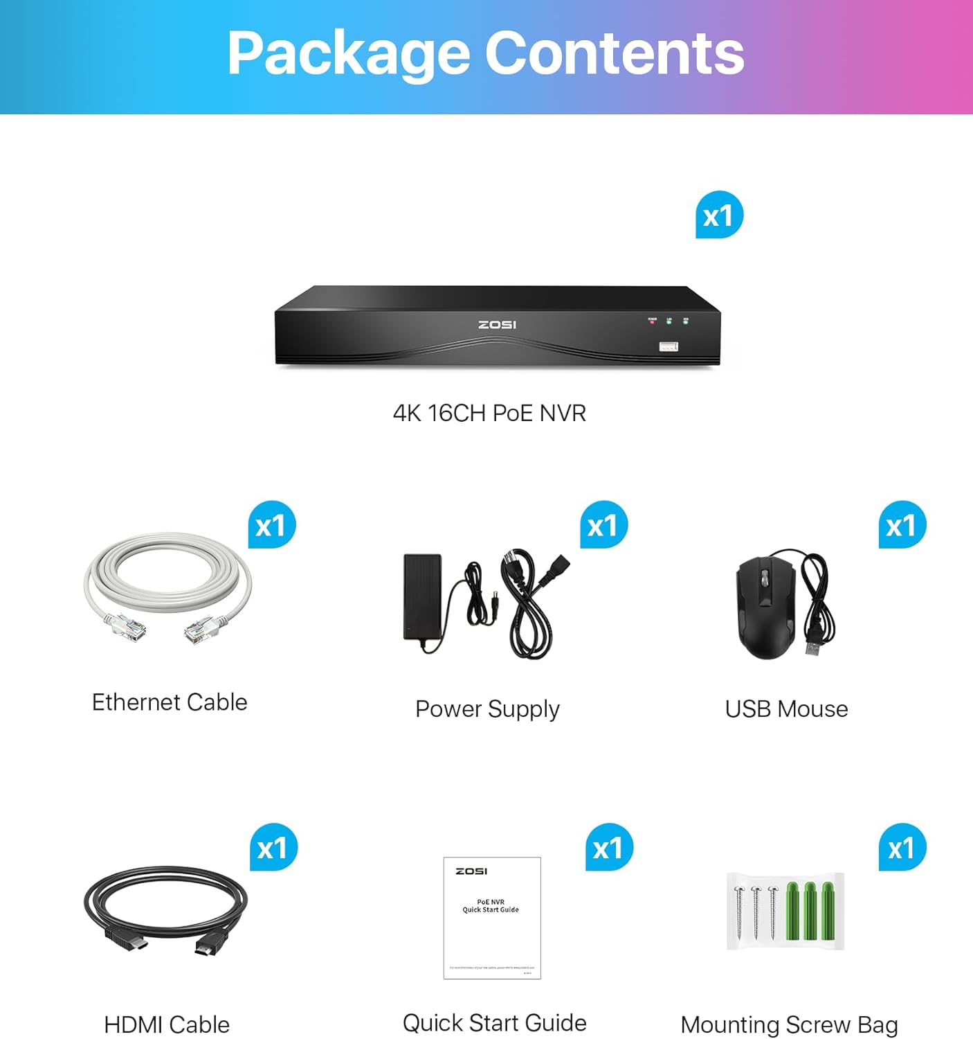 4K 16 Channel Network Video Recorder PoE NVR + Up to 16TB Hard Drive Zosi