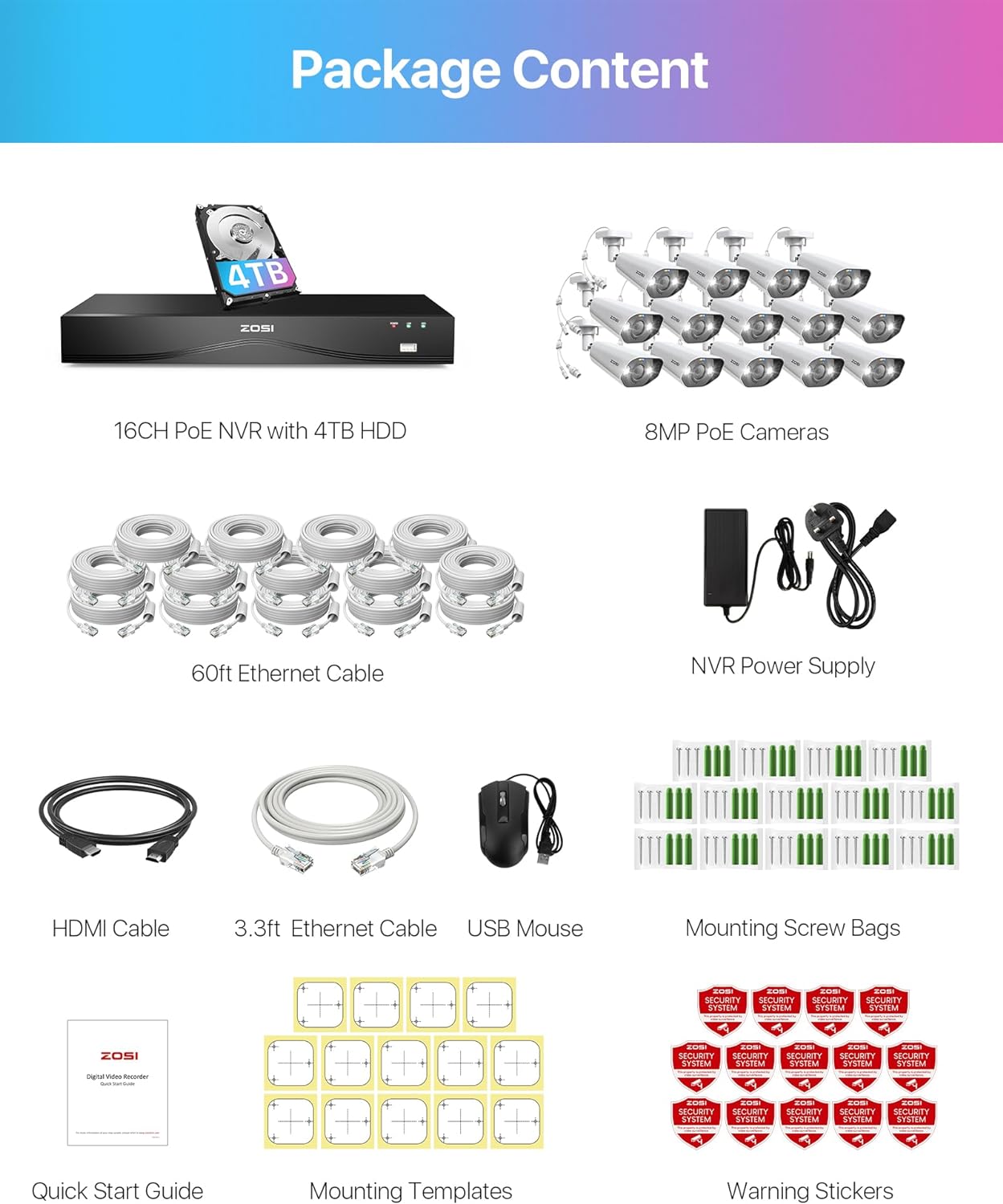 C182 4K 16 Channel Security System(32 Camera Capable) + 4TB Hard Drive Zosi