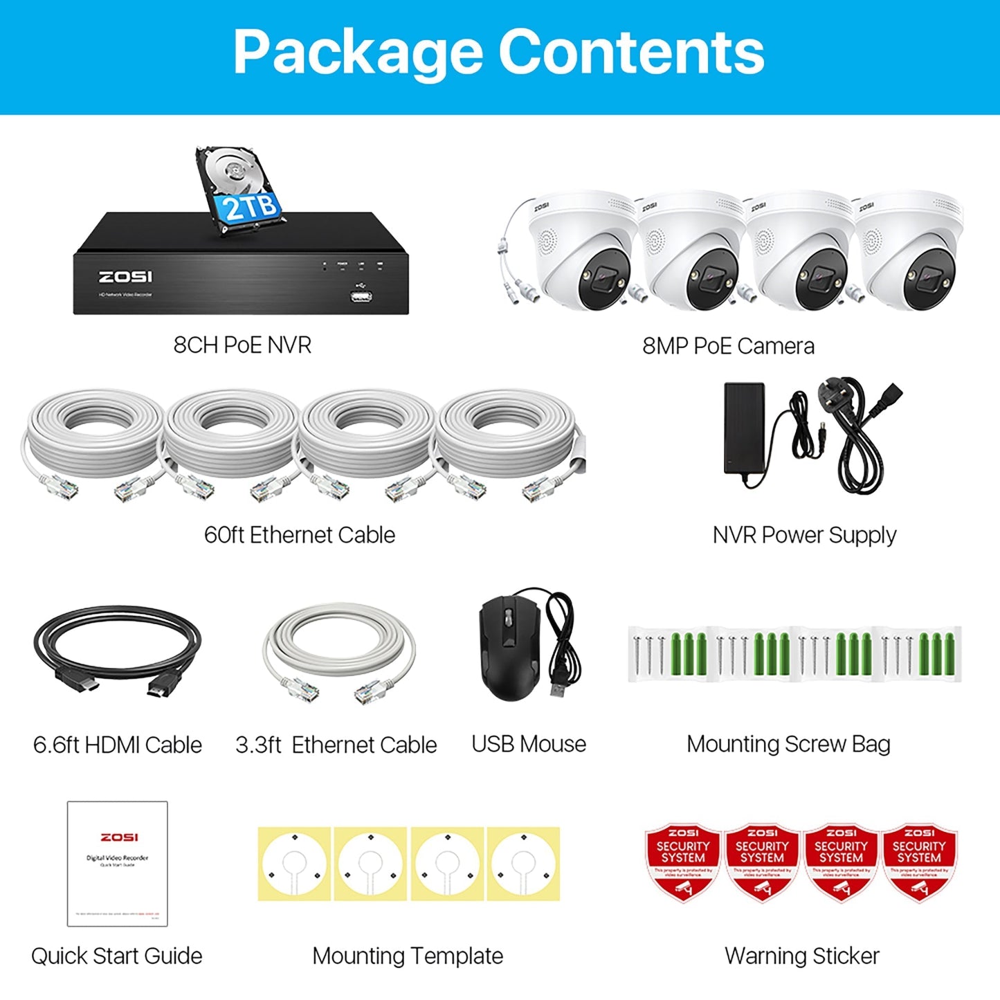 C225 4K 8 Channel Security System + Up to 8 Cameras + 2TB / 4TB Hard Drive Zosi