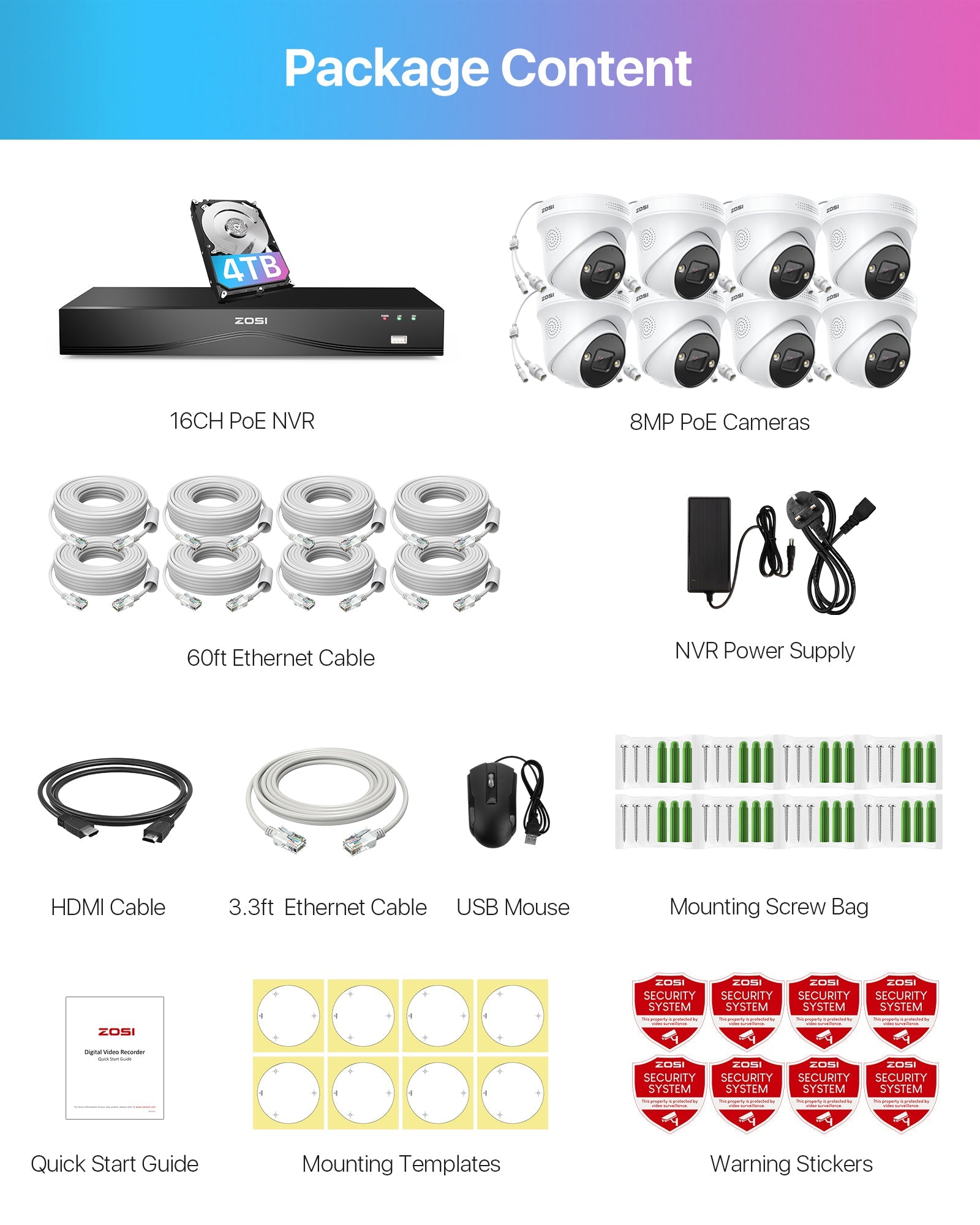 C225/C298 4K Dual Lens Security Camera System(32CH Expandable) + 4TB Hard Drive Zosi