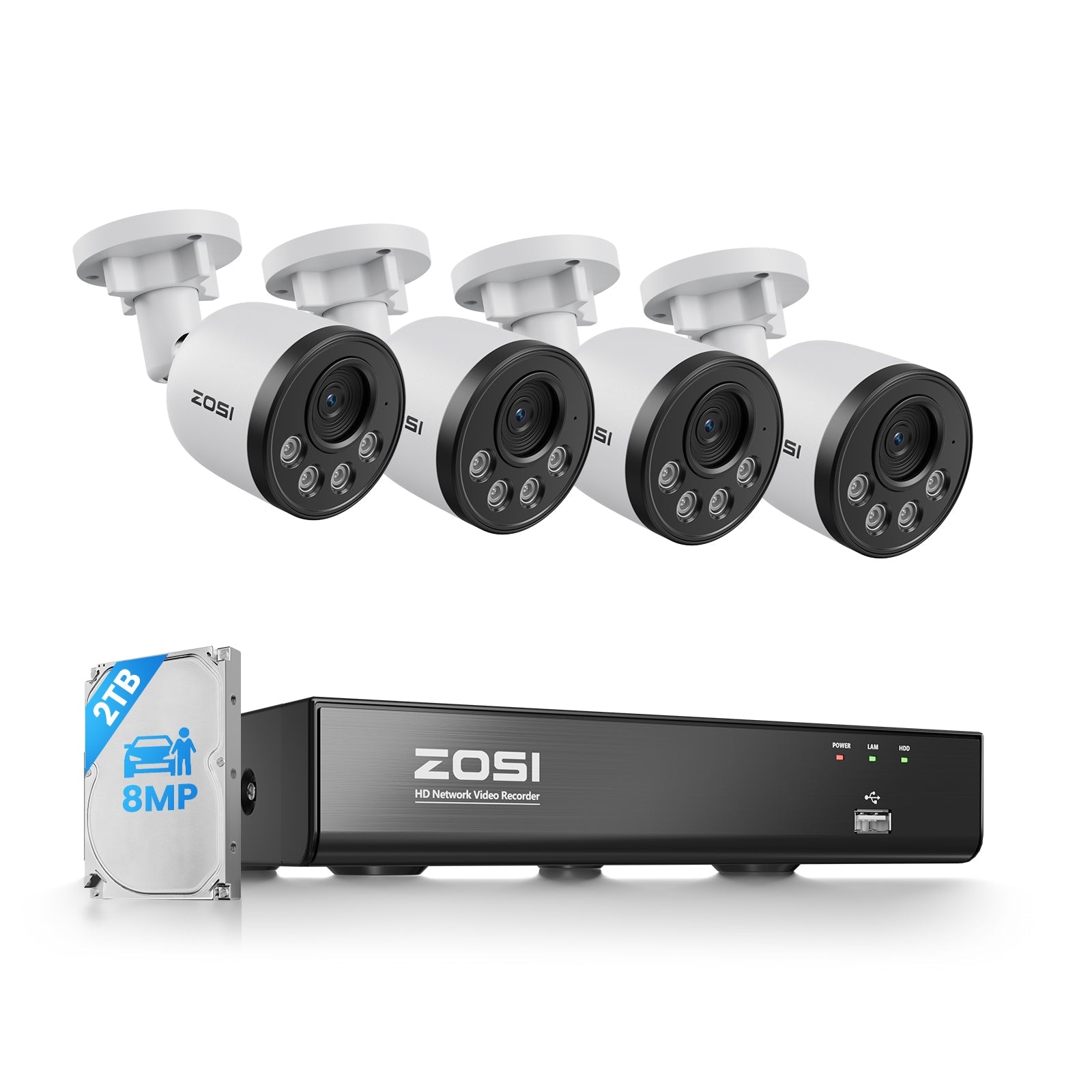 ZOSI security camera system with four cameras and a hard drive on a white background